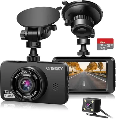 Main Images for ORSKEY Dash Cam for Cars Front and Rear and SD Card Included 1080P Full HD In Car Camera…