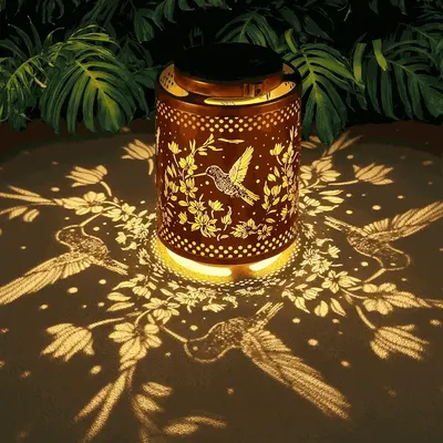 Showcase the product's ambient lighting effect and intricate design pattern Highlight the unique light projection feature of the product