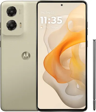 Showcases the sleek design of the Motorola smartphone, highlighting its dual camera system and stylus accessory.