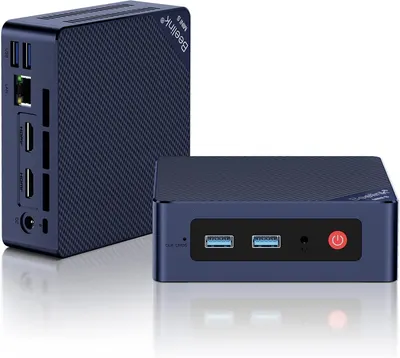 Showcases the mini PC's small form factor and variety of connectivity options to highlight its versatility and space-saving design.