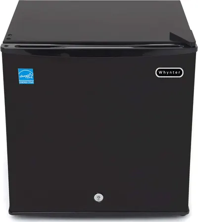Showcases the product itself, a compact refrigerator, on a clean white background to allow buyers to clearly see its design and features.