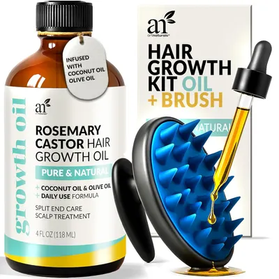Showcases the complete hair growth kit including the product bottle and applicator brush along with the retail packaging.