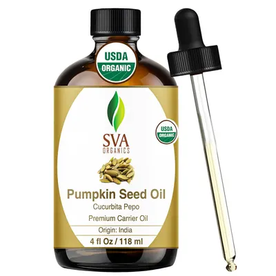 Showcases the product packaging and branding while highlighting the USDA organic certification and premium quality of the pumpkin seed oil.