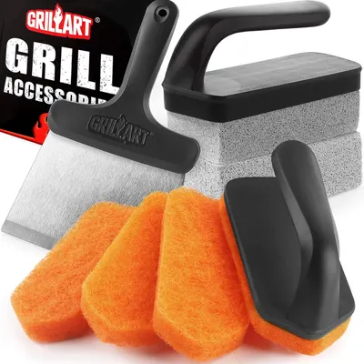 Shows the grill cleaning tools and accessories included with the product to inform buyers of everything they will receive.