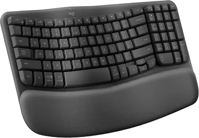 Showcases the keyboard's ergonomic design with a wrist rest for comfortable typing.