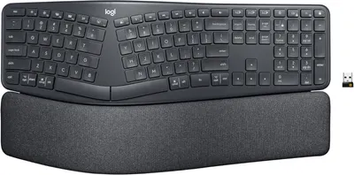 Showcases the full keyboard layout and included wrist rest to highlight the product's ergonomic design and comfort features.
