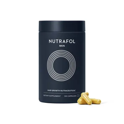 Showcases the product packaging and highlights that it is a dietary supplement for hair growth.