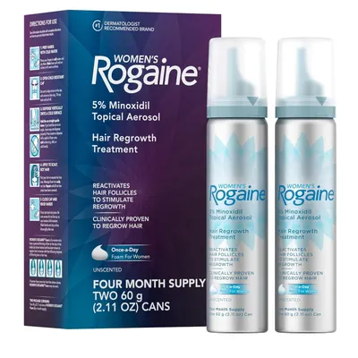 Showcases the product packaging along with the actual product cans to highlight the 4-month supply and communicate the clinical efficacy for hair regrowth.