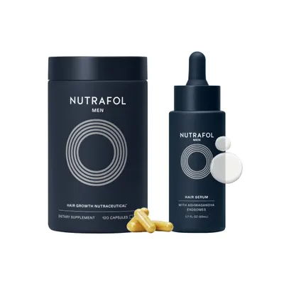 Showcases the complete hair growth system including the oral supplement capsules and topical serum, highlighting the two-part approach.