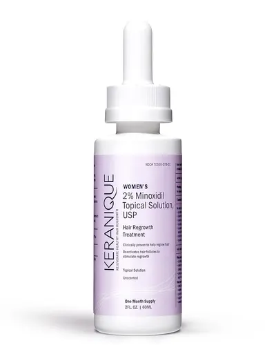 Showcases the product packaging and branding for a women's hair regrowth treatment containing 2% minoxidil.