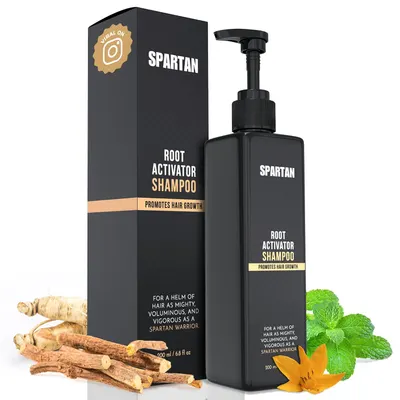 Showcases the product packaging along with natural ingredients like ginger and mint to highlight its hair growth benefits and natural formulation.