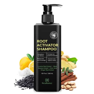 Showcases the product packaging and highlights the natural ingredients and benefits for promoting hair growth and thickness.