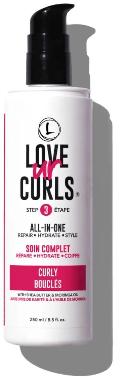 Showcases the product packaging and branding to highlight the all-in-one benefits for curly hair.