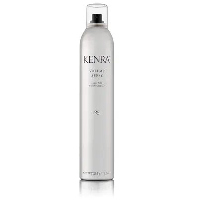Showcases the product packaging and branding for Kenra's Volume Spray hair product.