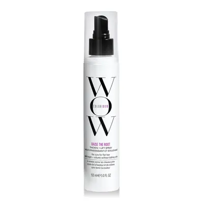 Showcases the product packaging and highlights key features like adding volume, lift, and thickening to hair.