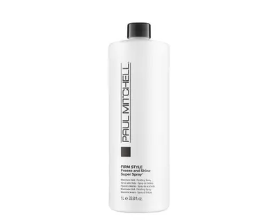 Showcases the product packaging and highlights key features like the firm hold and finishing properties of this hair styling spray.