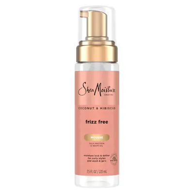 Showcases the product packaging and highlights key features like the coconut and hibiscus scent, frizz-free formula, and curl-defining properties to appeal to customers looking for a moisturizing…