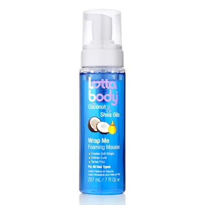 Showcases the product packaging and highlights key ingredients and benefits for defining and wrapping curls.