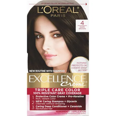 Showcases the product packaging and highlights key features like 100% gray coverage and the triple care formula with shampoo and conditioner.