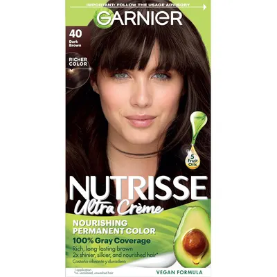 Showcases the product packaging and highlights key benefits like nourishing formula, complete gray coverage, and rich long-lasting color.