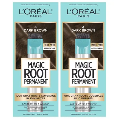 Showcases the product packaging and highlights key features like the mess-free applicator, complete gray coverage, long-lasting results, and salon-quality color matching.