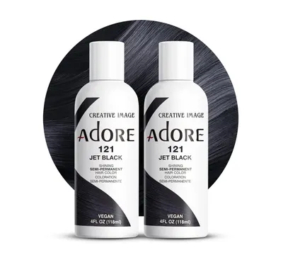 Showcases the product packaging and highlights key features like the jet black color, semi-permanent formula, and vegan ingredients.