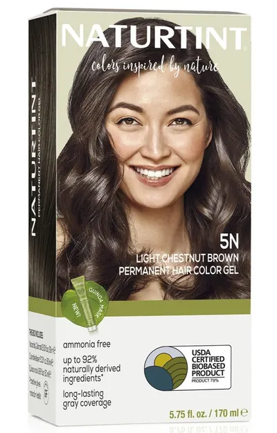 Showcases the product packaging and highlights key features like natural ingredients, ammonia-free formula, and long-lasting gray coverage to appeal to health-conscious consumers.