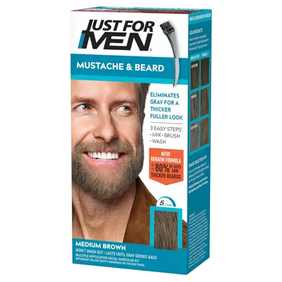 Showcases the product packaging and highlights key features like eliminating gray hair, thickening effect, and easy 3-step application process to appeal to men looking to improve their facial hair…