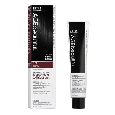 Showcases the product packaging and tube to highlight the anti-aging haircolor formula with biotin.