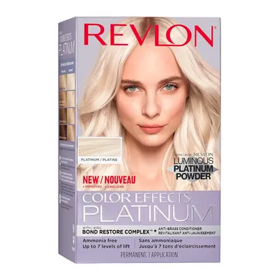 Showcases the product packaging and highlights the new Luminous Platinum Powder formula for achieving platinum blonde hair color.
