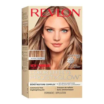 Showcases the product packaging and highlights key features like being ammonia-free, easy application, and the frost & glow effect.