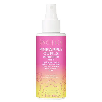 Showcases the product packaging and highlights key features like being vegan, cruelty-free, and formulated for curly hair.