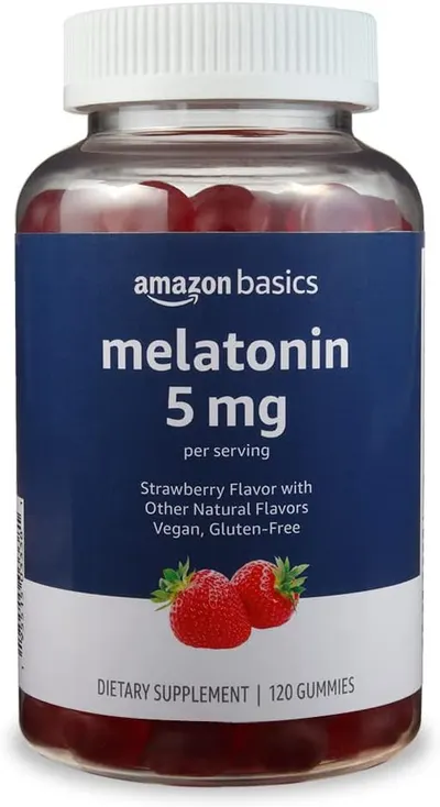 Showcases the product packaging and highlights key details like the melatonin dosage, flavor, and vegan/gluten-free attributes.