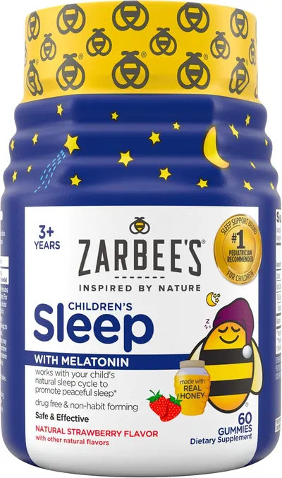 Showcases the product packaging and branding to highlight its natural sleep support formula with melatonin for children.