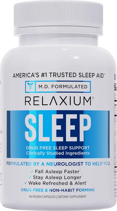 Showcases the product packaging to highlight its key benefits as a clinically studied, drug-free sleep aid formulated by a neurologist.