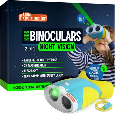 Highlights the binoculars' key features like night vision, magnification, flashlight, and safety strap to showcase its functionality and suitability for young explorers.
