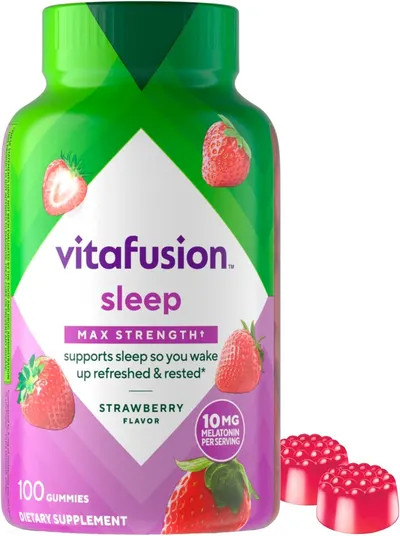 Showcases the product packaging to highlight the sleep support gummies with strawberry flavor and max strength formula. Displays the branded container to…