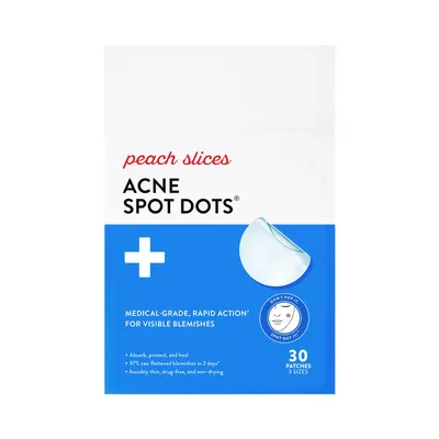 Showcases the product packaging and highlights key features of the acne spot treatment dots.