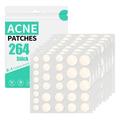 Showcases the product packaging and highlights the large quantity of acne patches included, emphasizing value for the customer.
