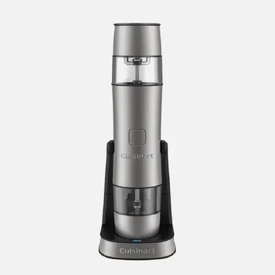 Showcases the modern, streamlined design of the Cuisinart electric pepper mill, emphasizing its compact and functional form.