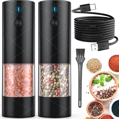 Shows all components included in the purchase, highlighting the electric grinders, charging cable, and accessories.