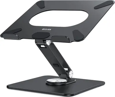 Showcases the sleek design and adjustable features of the laptop stand, emphasizing its functionality and modern aesthetic.
