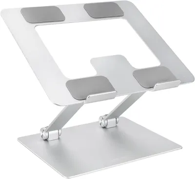 Showcases the sleek design and adjustable features of the laptop stand to demonstrate its functionality and aesthetic appeal.