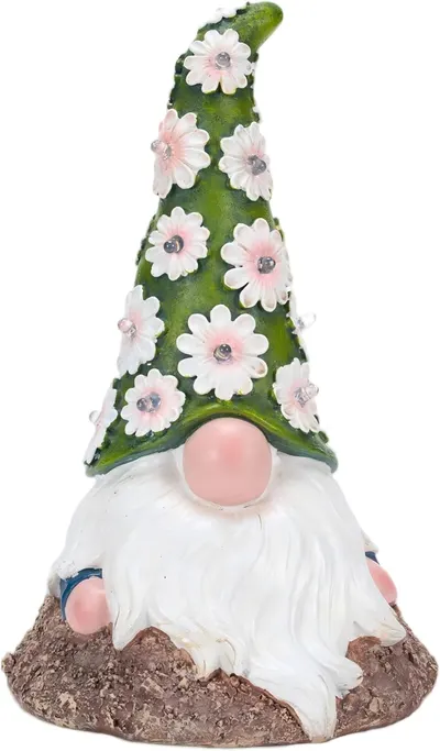 Showcases a whimsical garden gnome figurine with a floral-themed hat, highlighting its decorative nature for home or garden use.