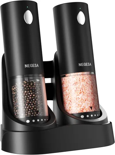 Showcases the sleek design and functionality of the electric salt and pepper grinder set, highlighting the dual grinders and their contents.
