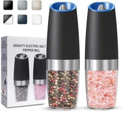 Showcases the product's design and contents, highlighting the electric salt and pepper mill set with different color options. Displays multiple color options…