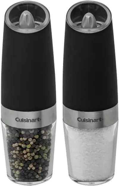 Showcases the sleek design and functionality of the salt and pepper grinder set, highlighting the clear chambers for easy refilling.