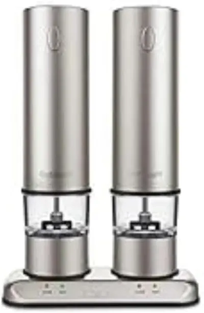 Showcases the sleek, stainless steel design of the electric salt and pepper grinder set. Displays the complete set including two grinders and their charging base, showing all components the customer…