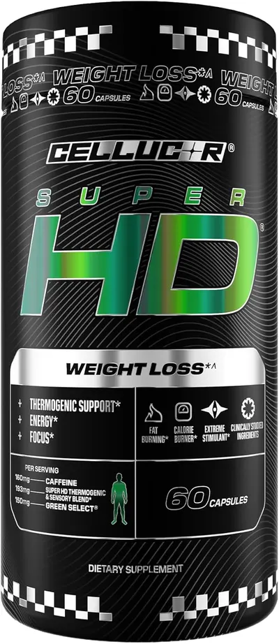 Showcases the product packaging to highlight the weight loss supplement and its key benefits. Uses a checkered pattern to create visual interest and reinforce…