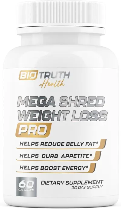 Showcases the product bottle and highlights key benefits of the weight loss supplement.